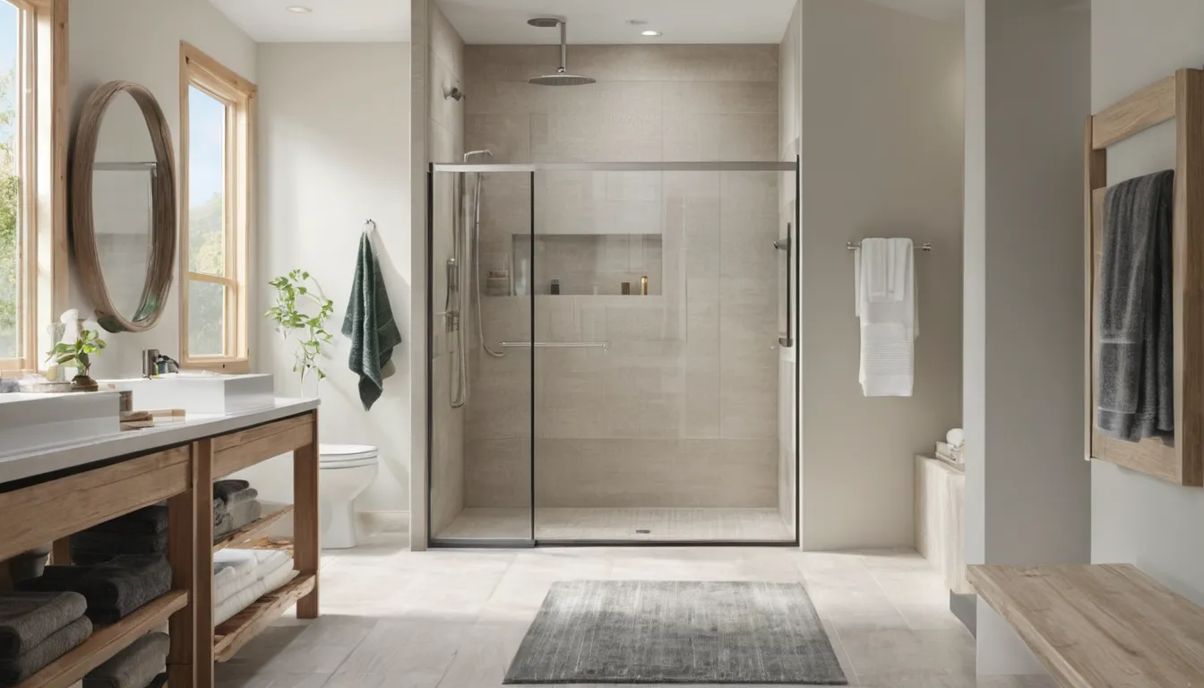 A bright, accessible walk-in shower with a built-in bench and grab bars in a Kent home
